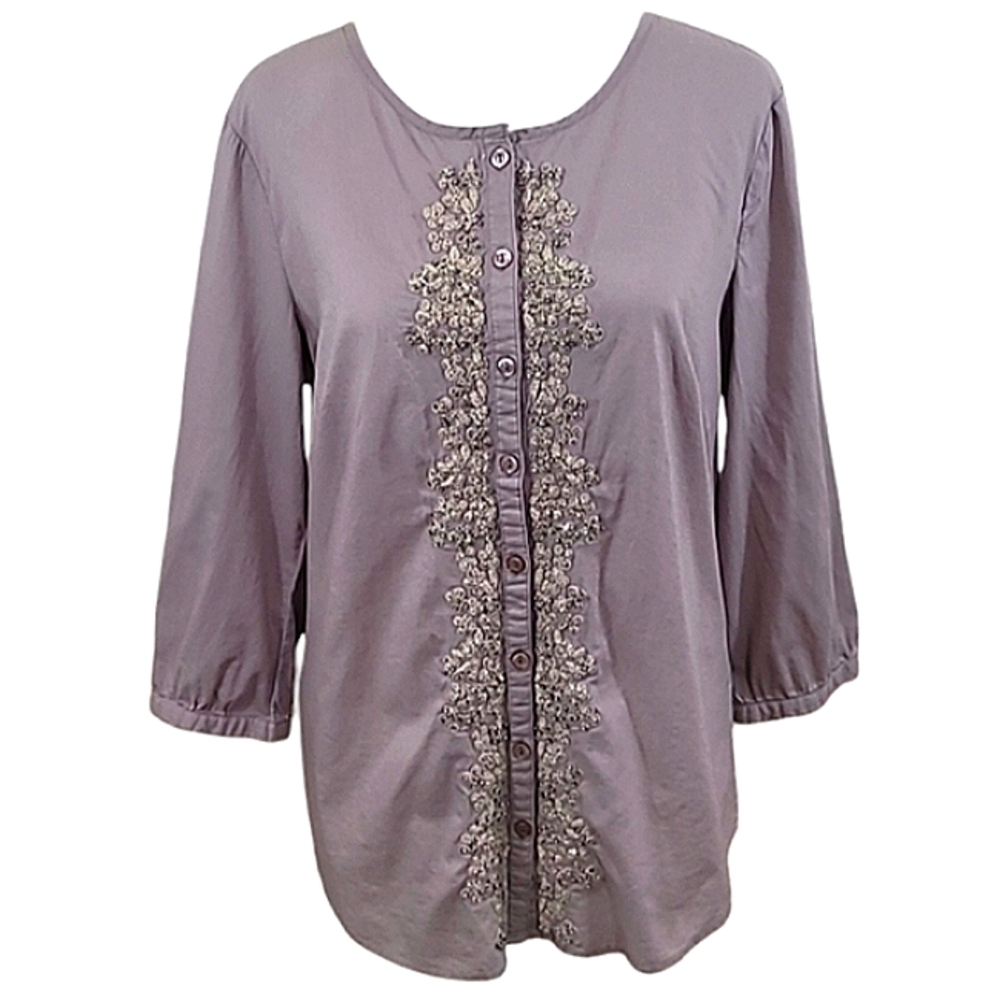 Chico's Beaded Embroidered Applique Top Button Front Half Sleeves Sz Small